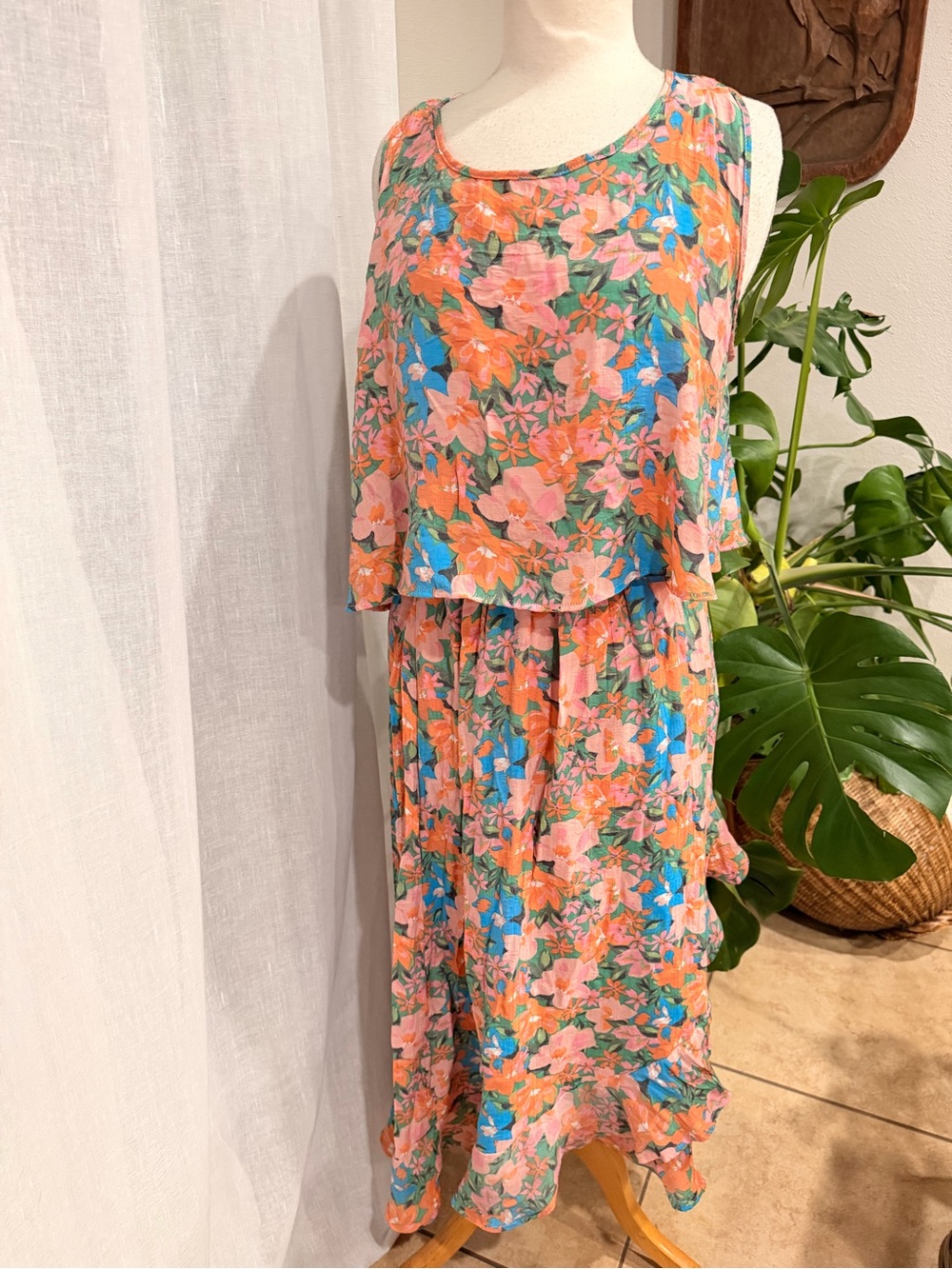 Marissa Olivia XL Floral Midi Dress Pink Green Layered NWT